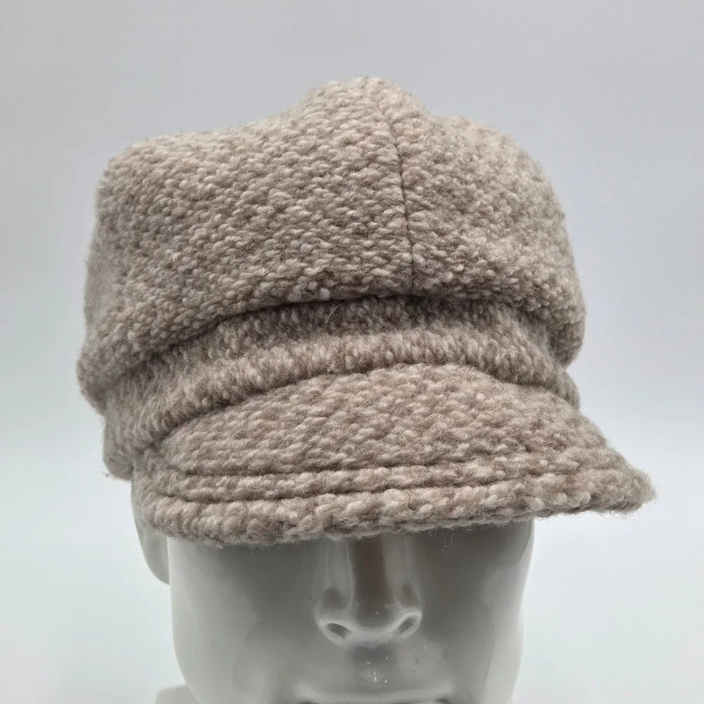Bordoni Womens Newsboy Cap Beige Wool Blend Herringbone Made in Italy